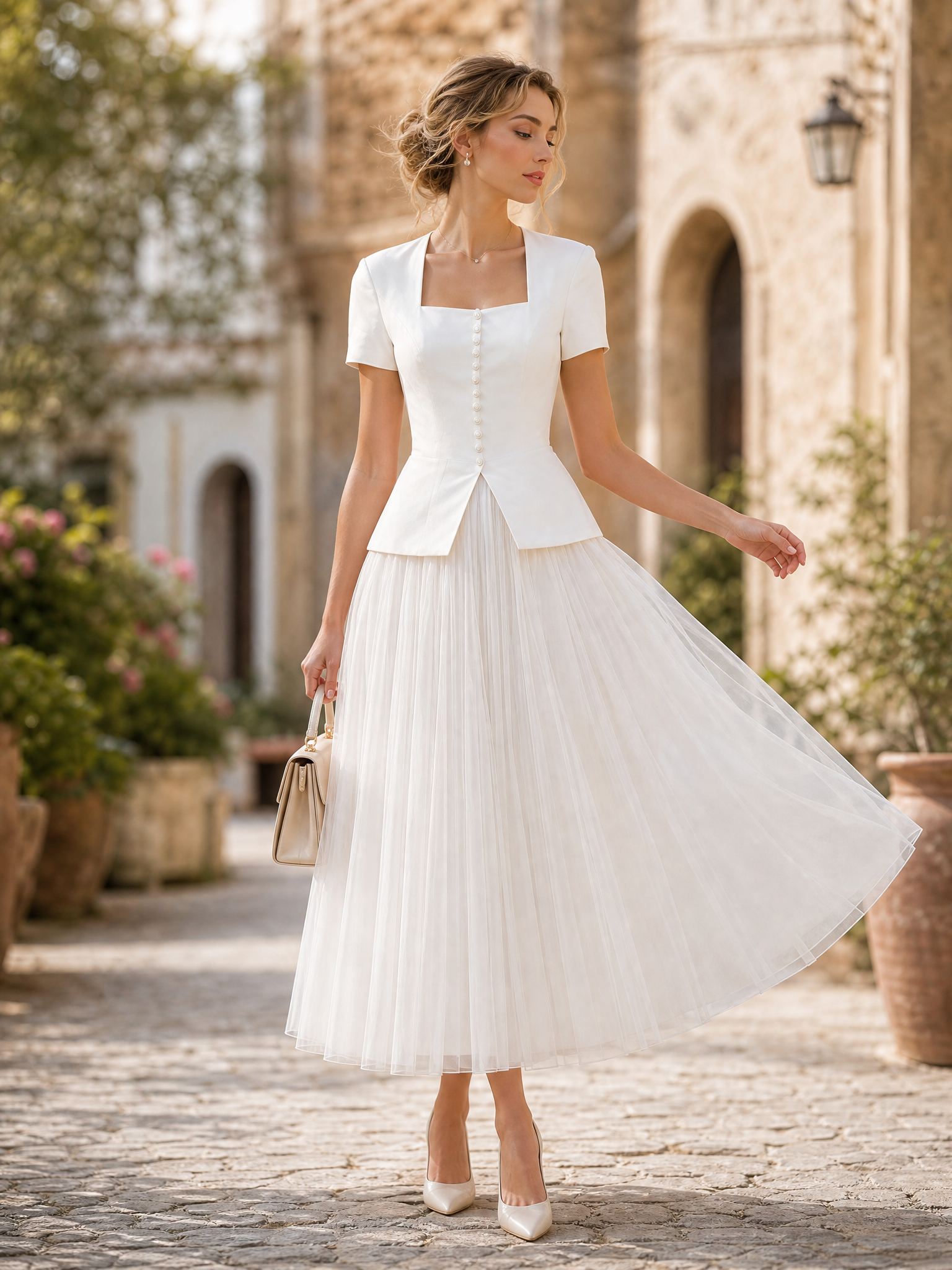 Vintage Ivory Square-Neck Peplum Top & Pleated Organza Midi Skirt Set