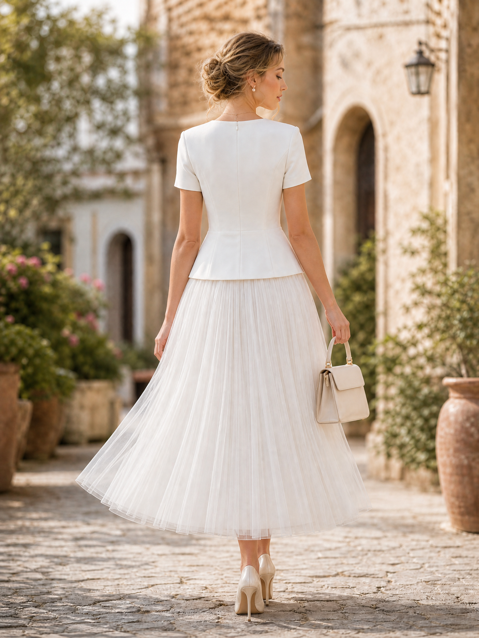 Vintage Ivory Square-Neck Peplum Top & Pleated Organza Midi Skirt Set