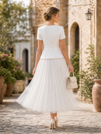 Vintage Ivory Square-Neck Peplum Top & Pleated Organza Midi Skirt Set