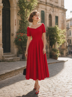 Vintage Red Square-Neck Fit-and-Flare Midi Dress