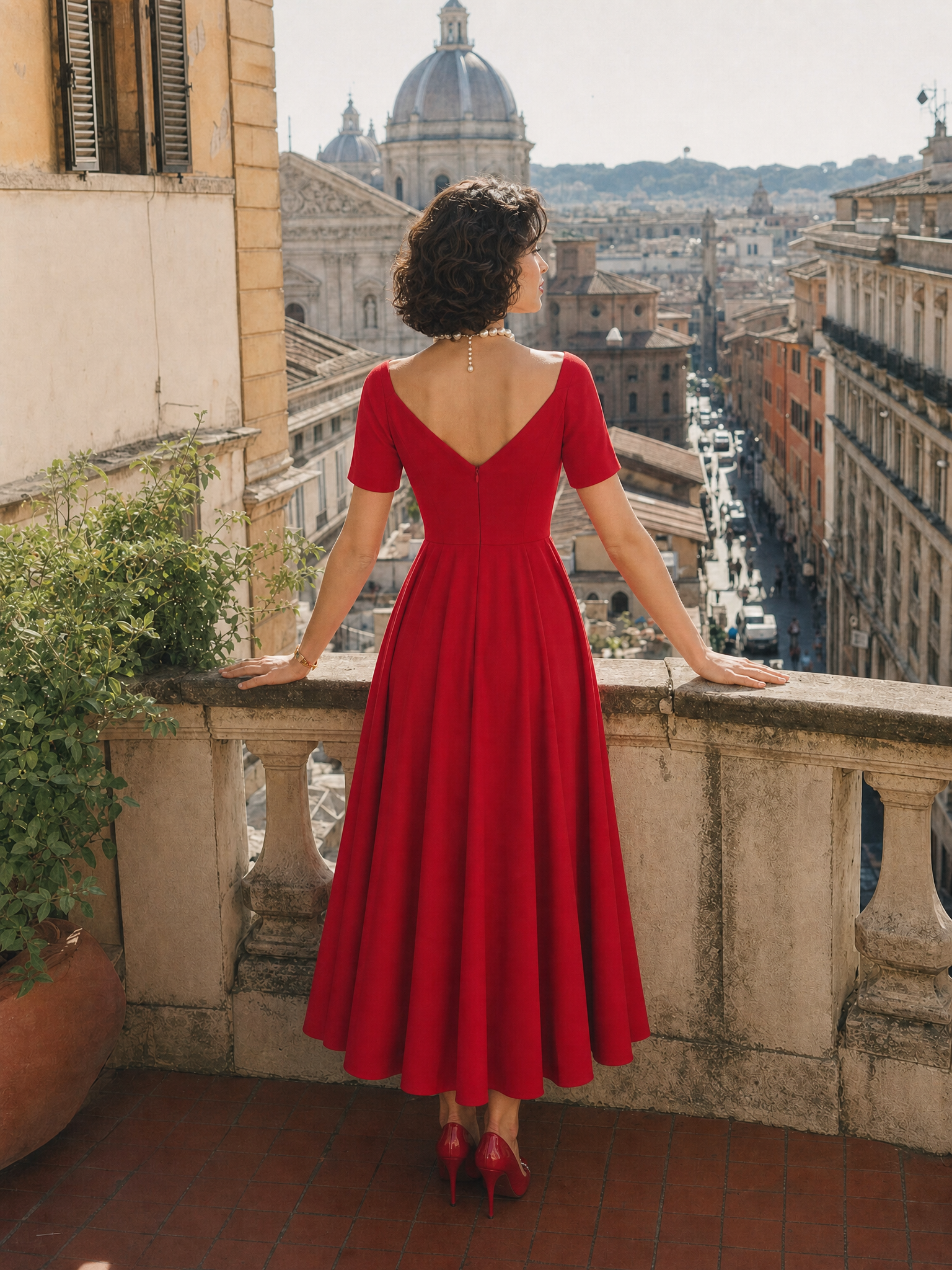 Vintage Red Square-Neck Fit-and-Flare Midi Dress