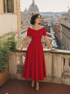 Vintage Red Square-Neck Fit-and-Flare Midi Dress