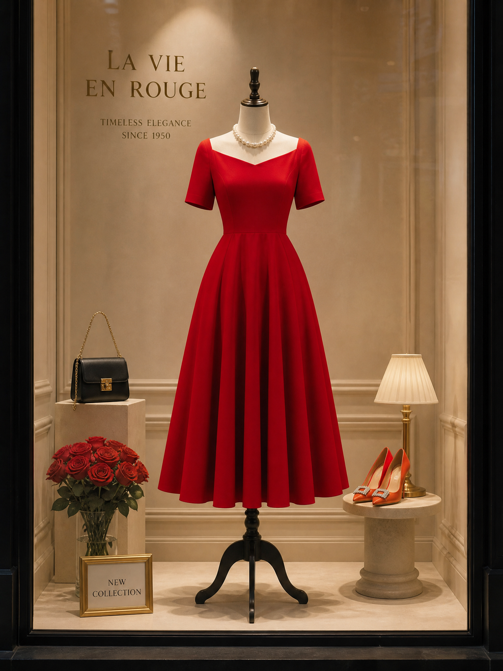 Vintage Red Square-Neck Fit-and-Flare Midi Dress