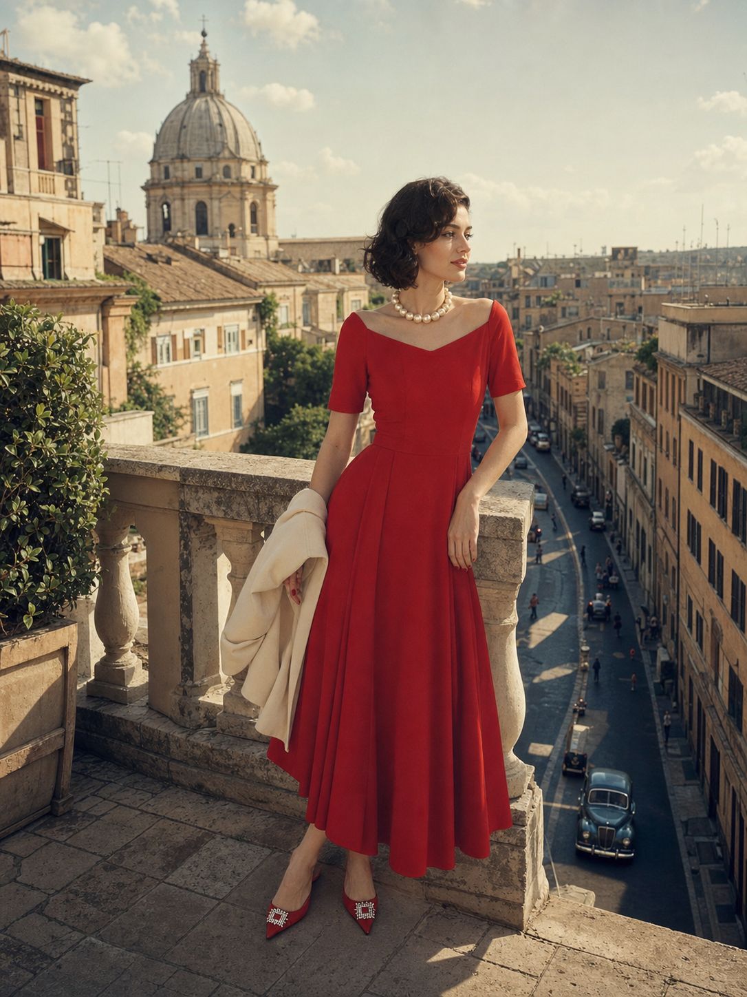 Vintage Red Square-Neck Fit-and-Flare Midi Dress