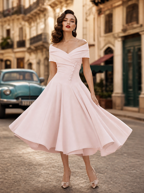 1950s Vintage Pink Off-Shoulder Button-Detail Fit-and-Flare Midi Dress