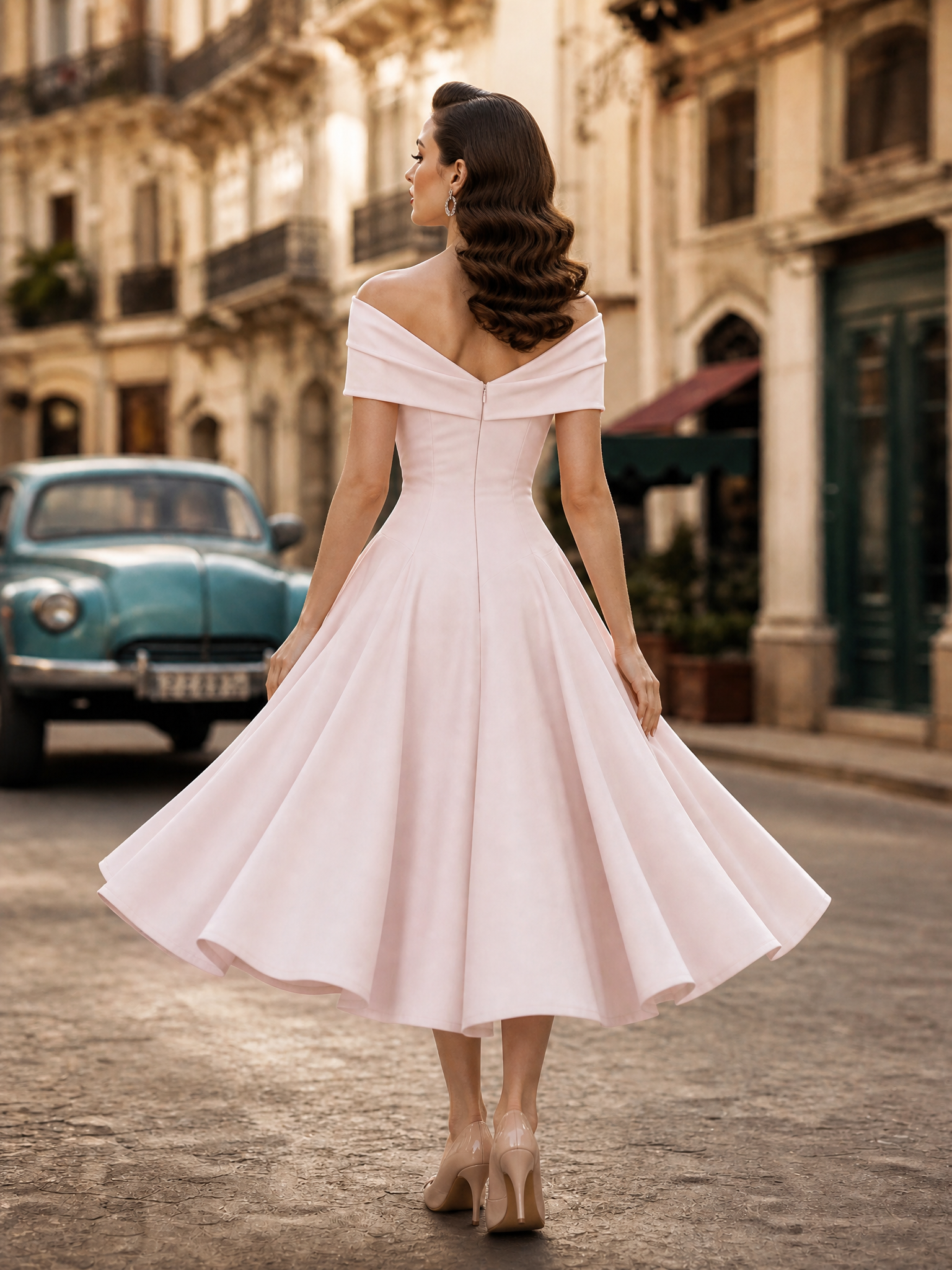 1950s Vintage Pink Off-Shoulder Button-Detail Fit-and-Flare Midi Dress
