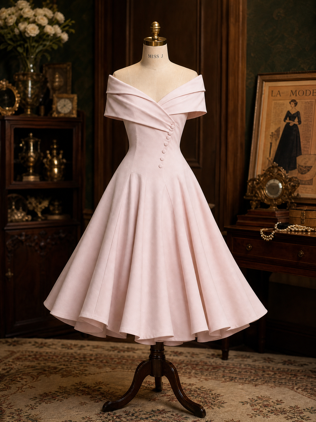 1950s Vintage Pink Off-Shoulder Button-Detail Fit-and-Flare Midi Dress