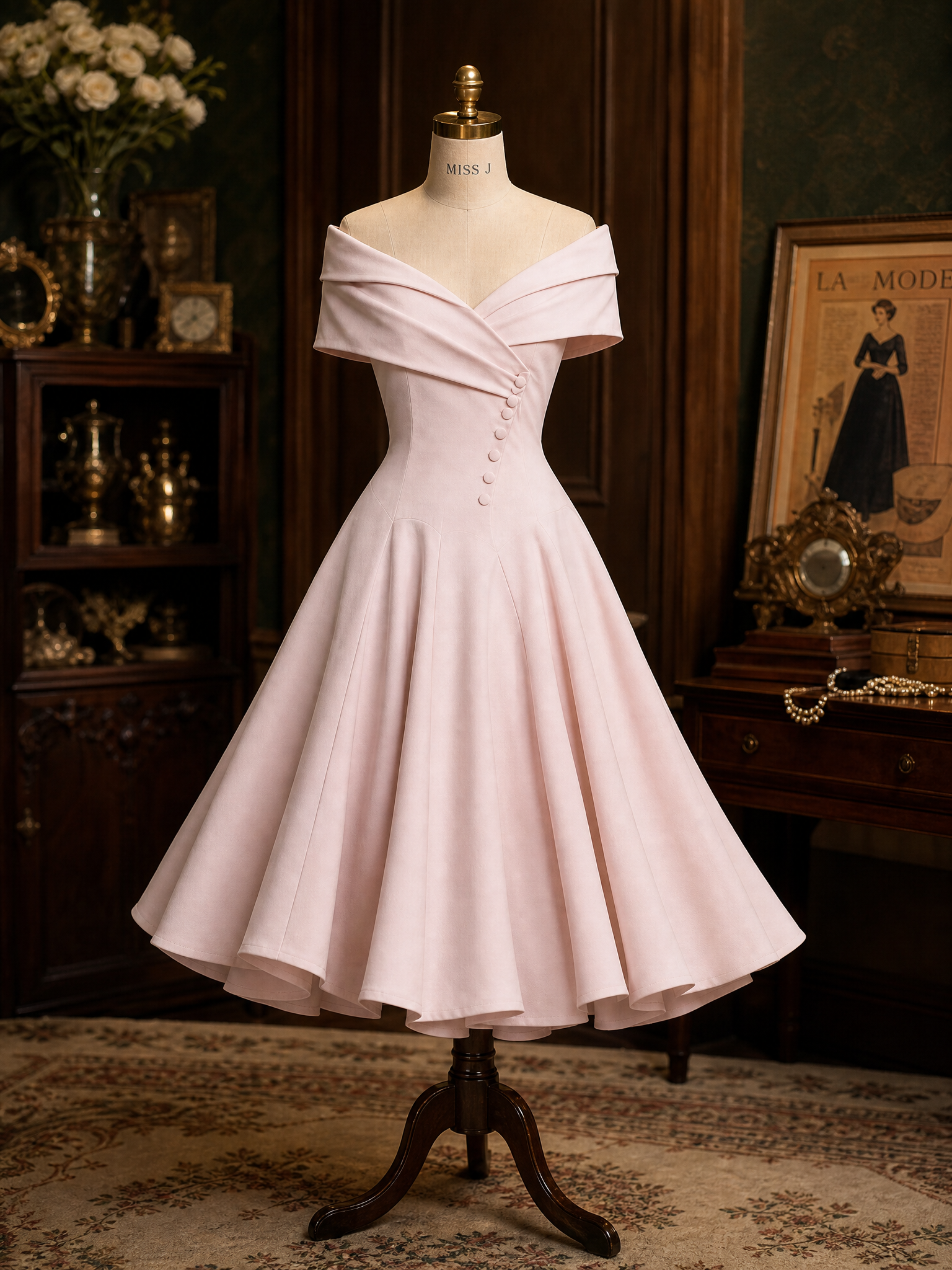 1950s Vintage Pink Off-Shoulder Button-Detail Fit-and-Flare Midi Dress