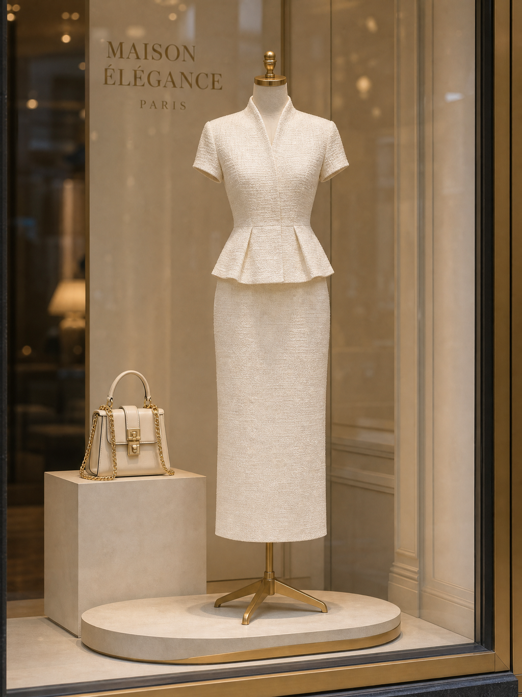 Elegant Ivory Tweed Peplum Top & Maxi Pencil Skirt Two-Piece Set