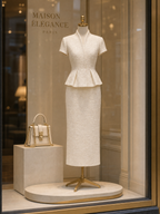 Elegant Ivory Tweed Peplum Top & Maxi Pencil Skirt Two-Piece Set