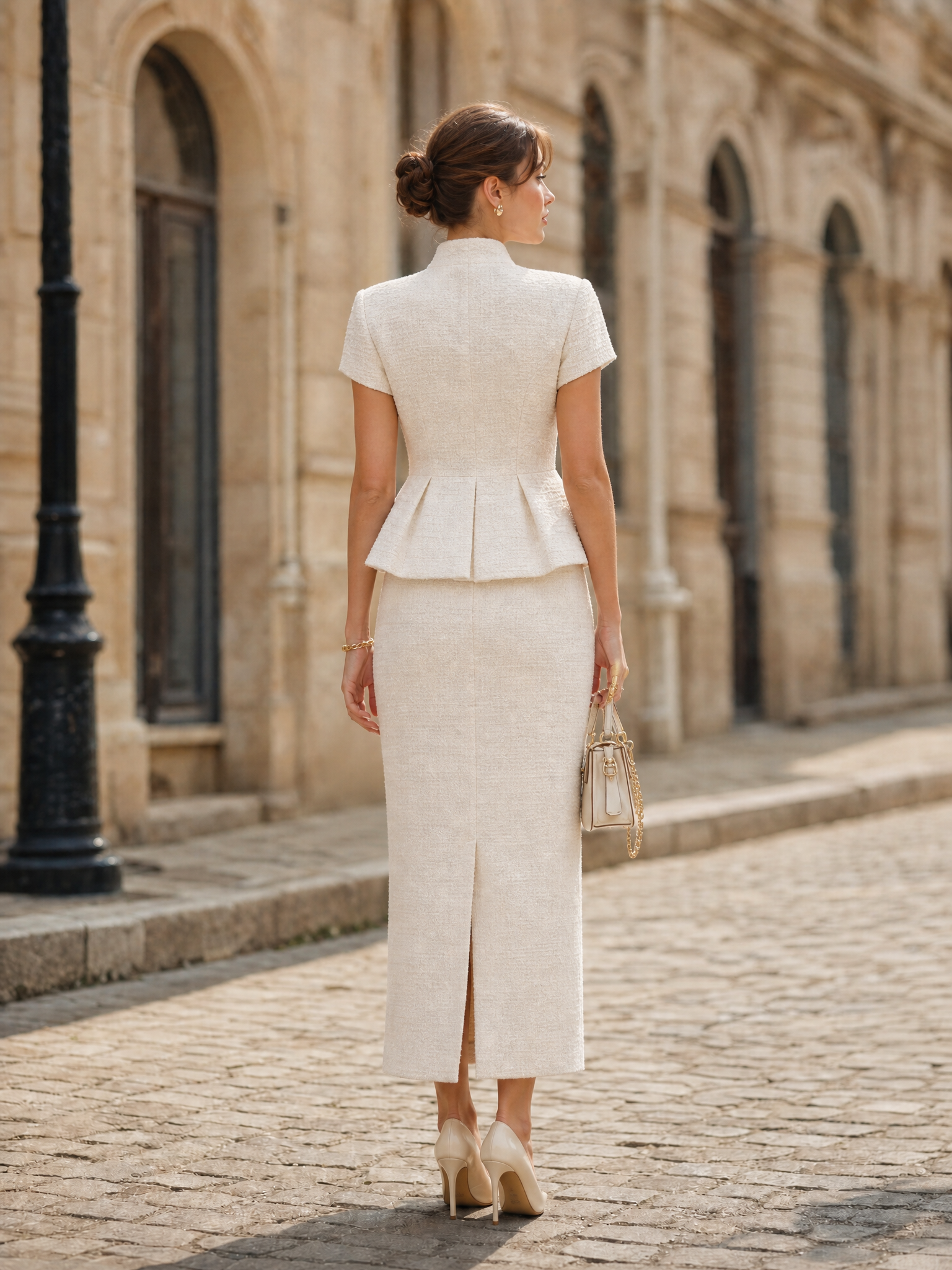 Elegant Ivory Tweed Peplum Top & Maxi Pencil Skirt Two-Piece Set