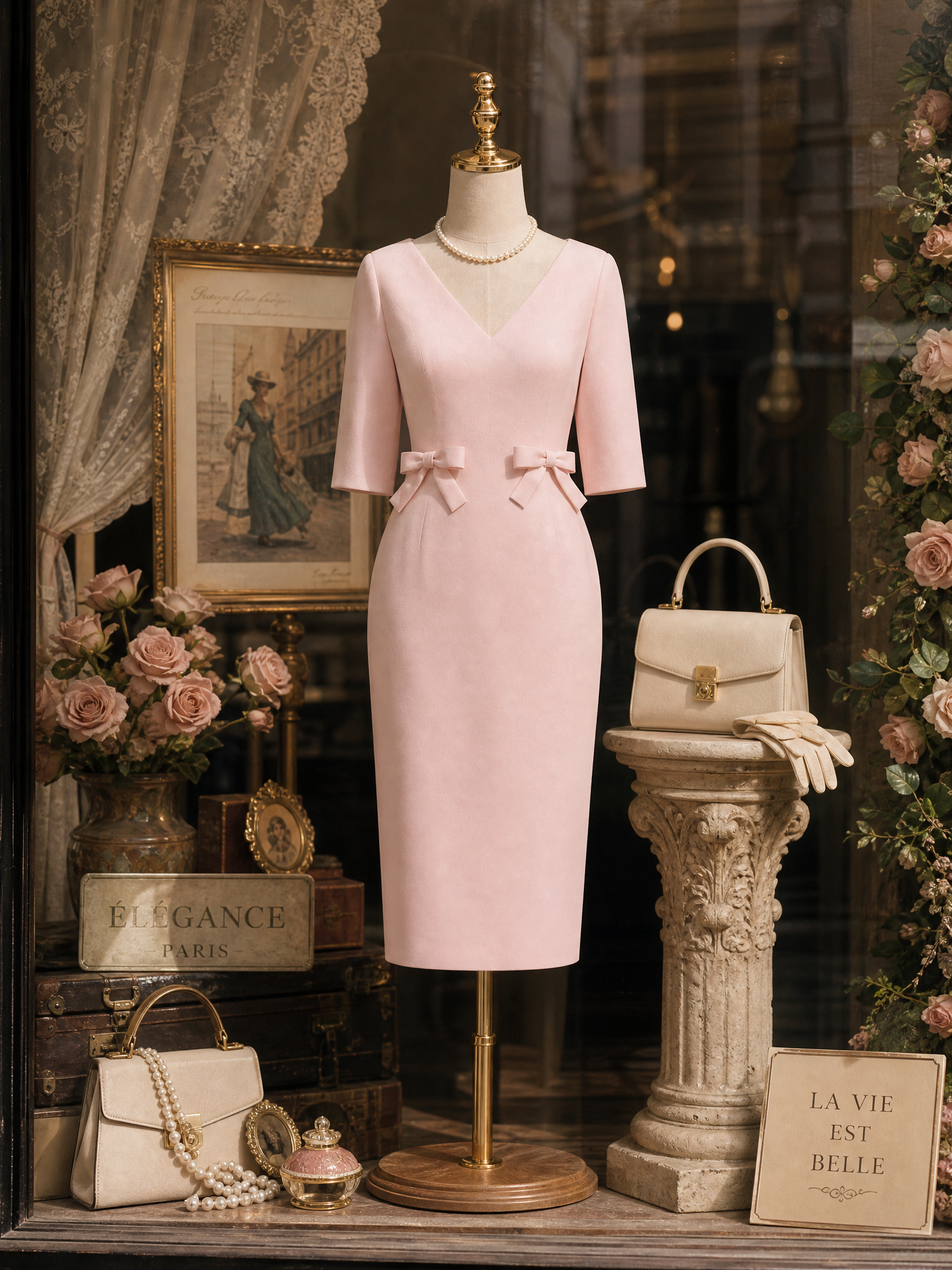 Vintage Pink V-Neck Bow-Waist Pencil Midi Dress