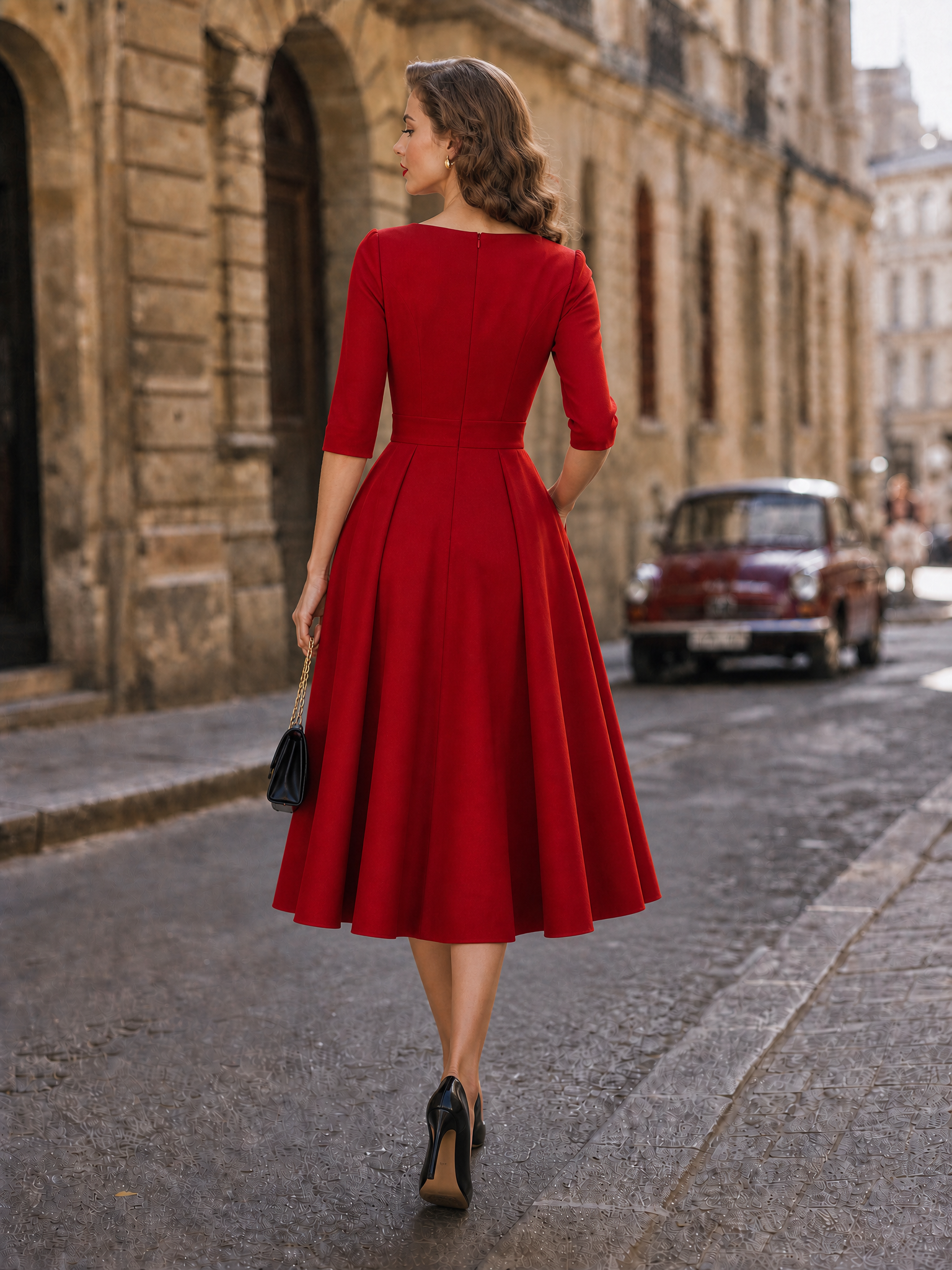 1950s-Inspired Red 3/4 Sleeve Full-Skirt Midi Dress With Pockets