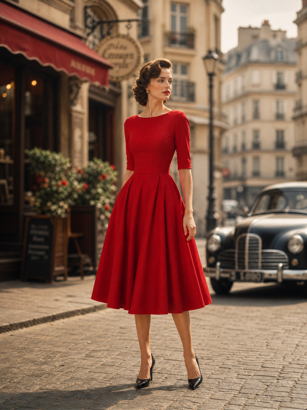 1950s-Inspired Red 3/4 Sleeve Full-Skirt Midi Dress With Pockets