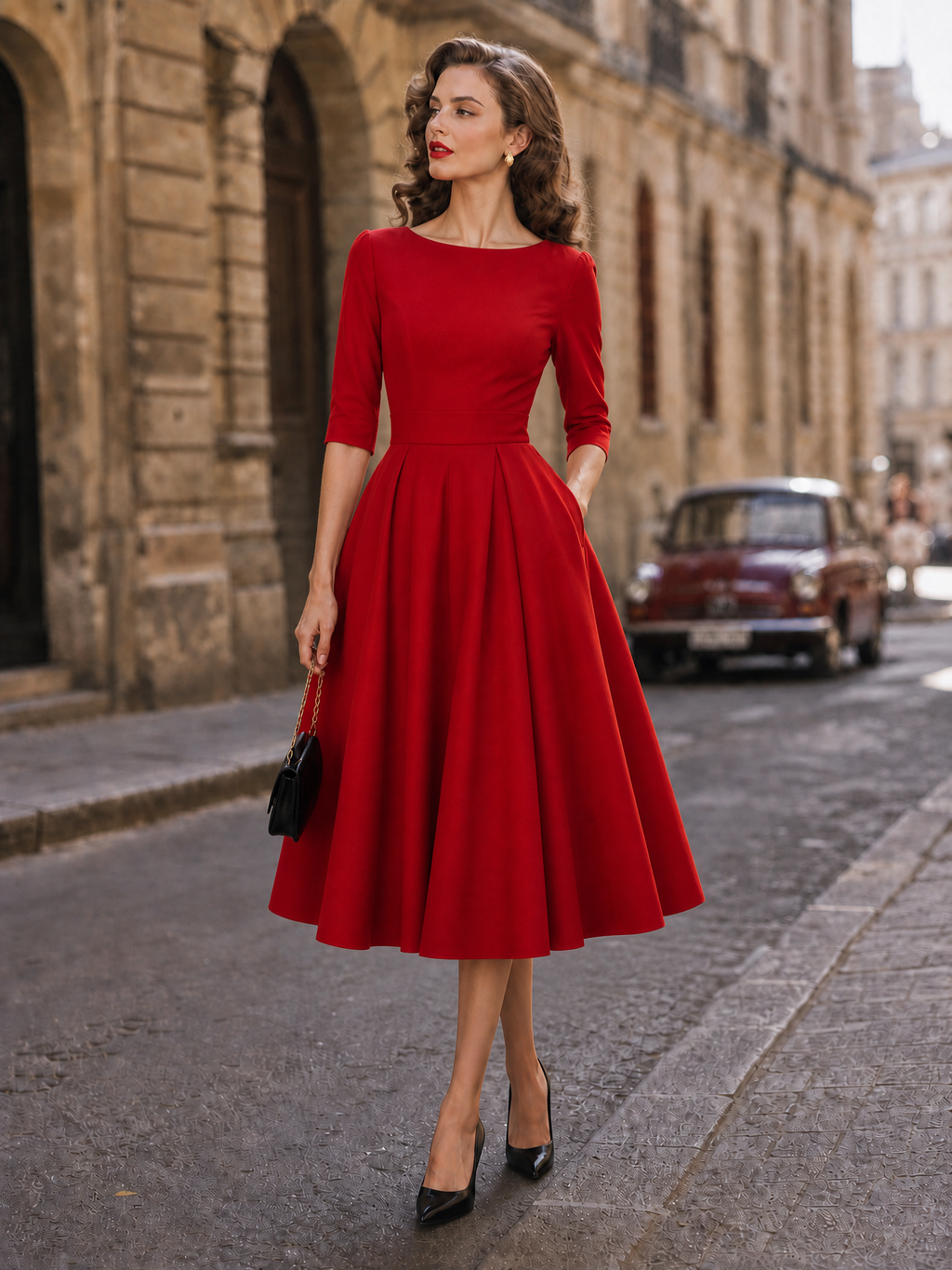 1950s-Inspired Red 3/4 Sleeve Full-Skirt Midi Dress With Pockets