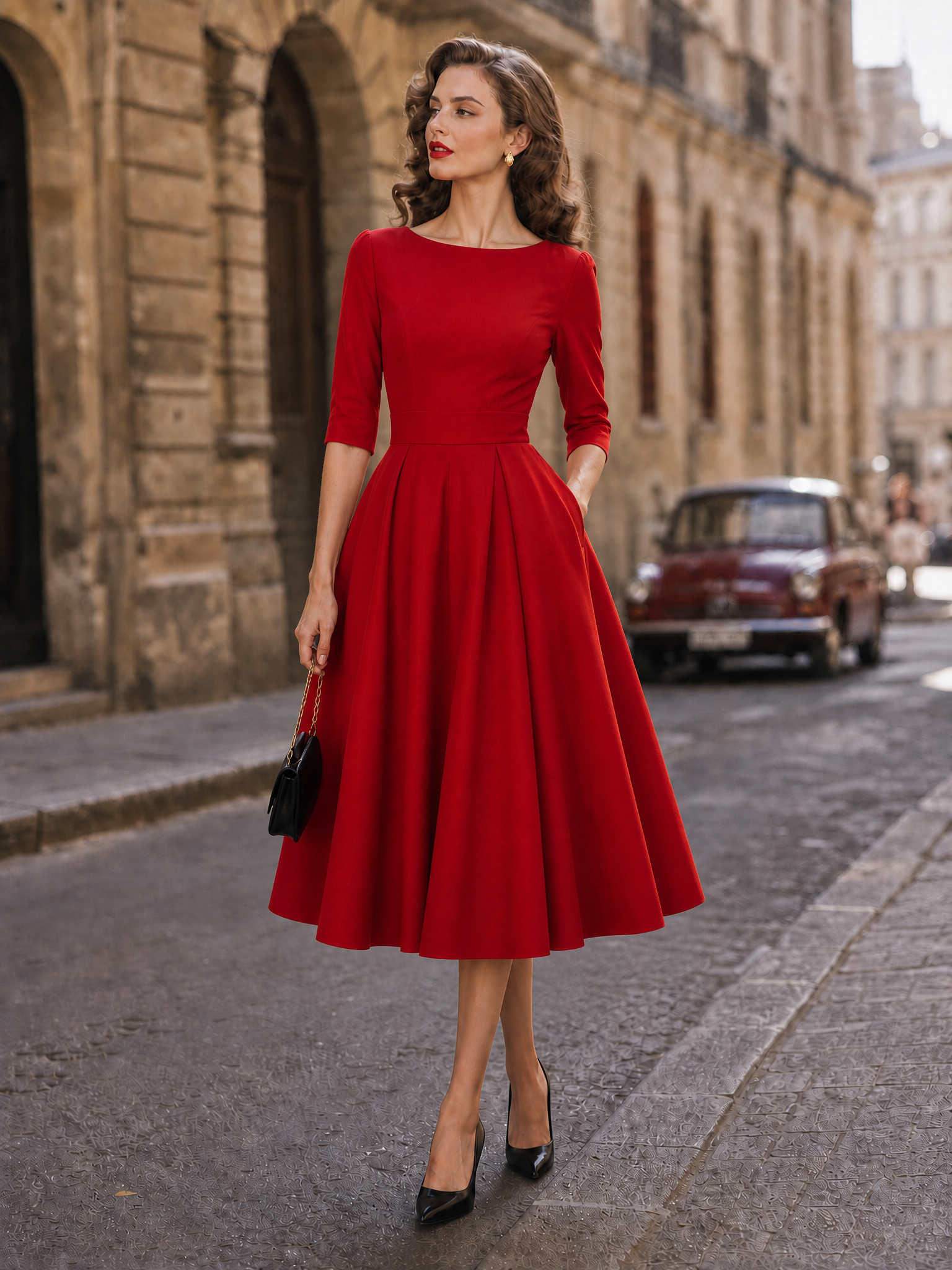 1950s-Inspired Red 3/4 Sleeve Full-Skirt Midi Dress With Pockets