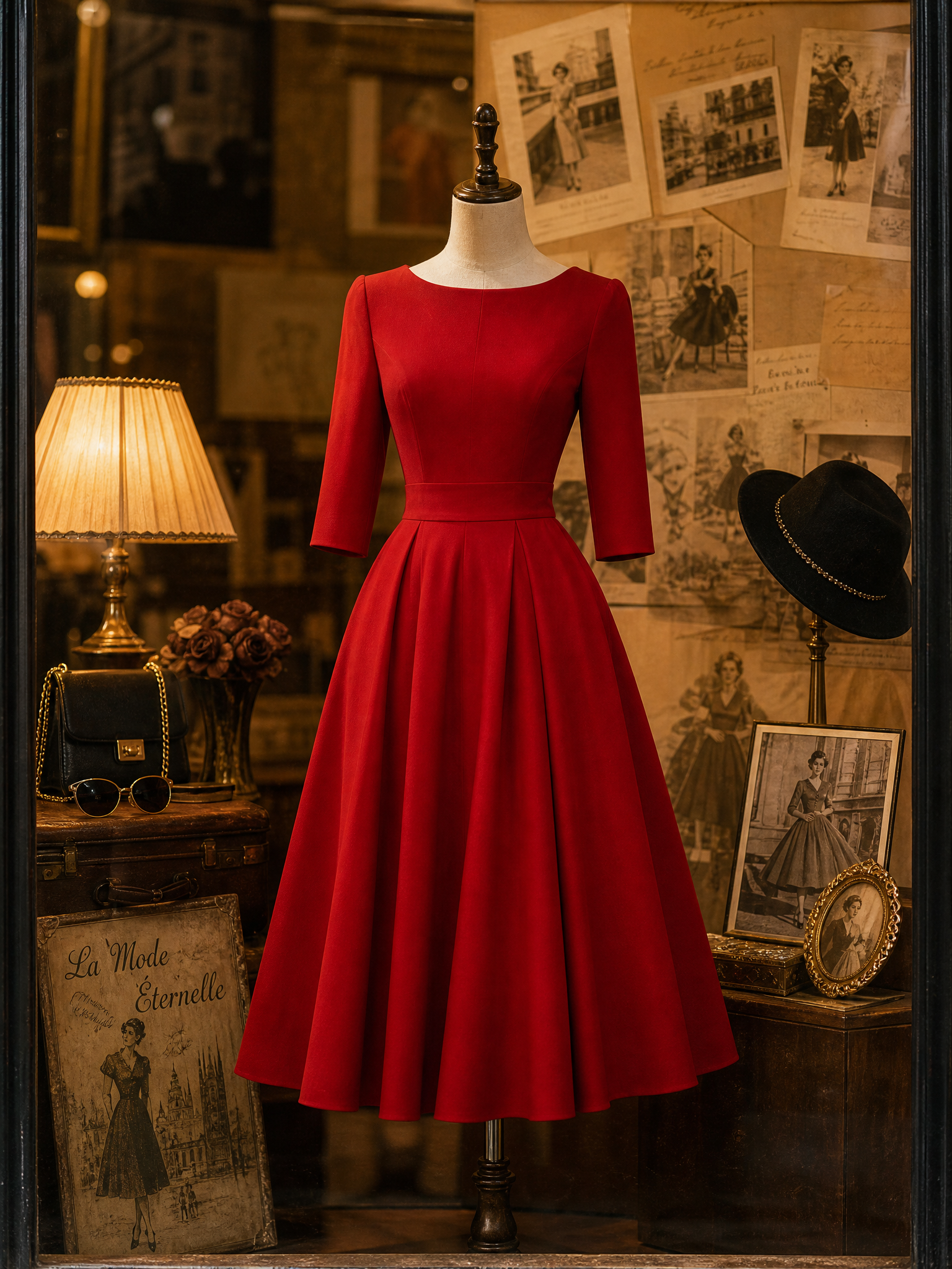 1950s-Inspired Red 3/4 Sleeve Full-Skirt Midi Dress With Pockets