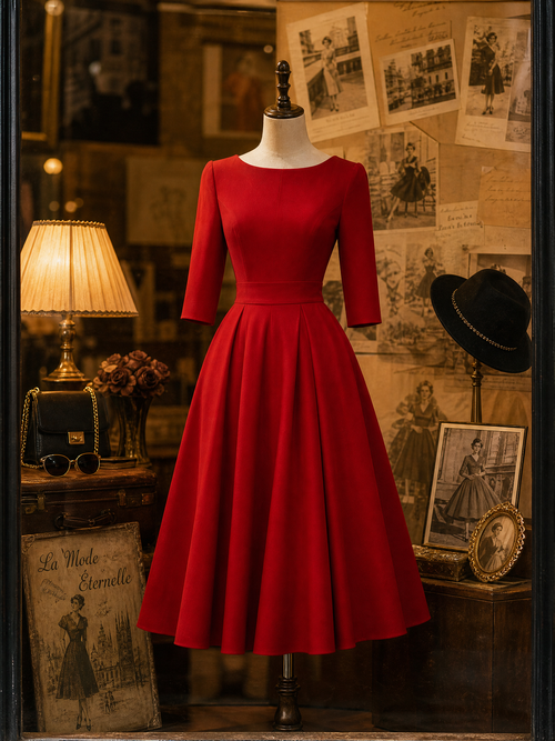 1950s-Inspired Red 3/4 Sleeve Full-Skirt Midi Dress With Pockets