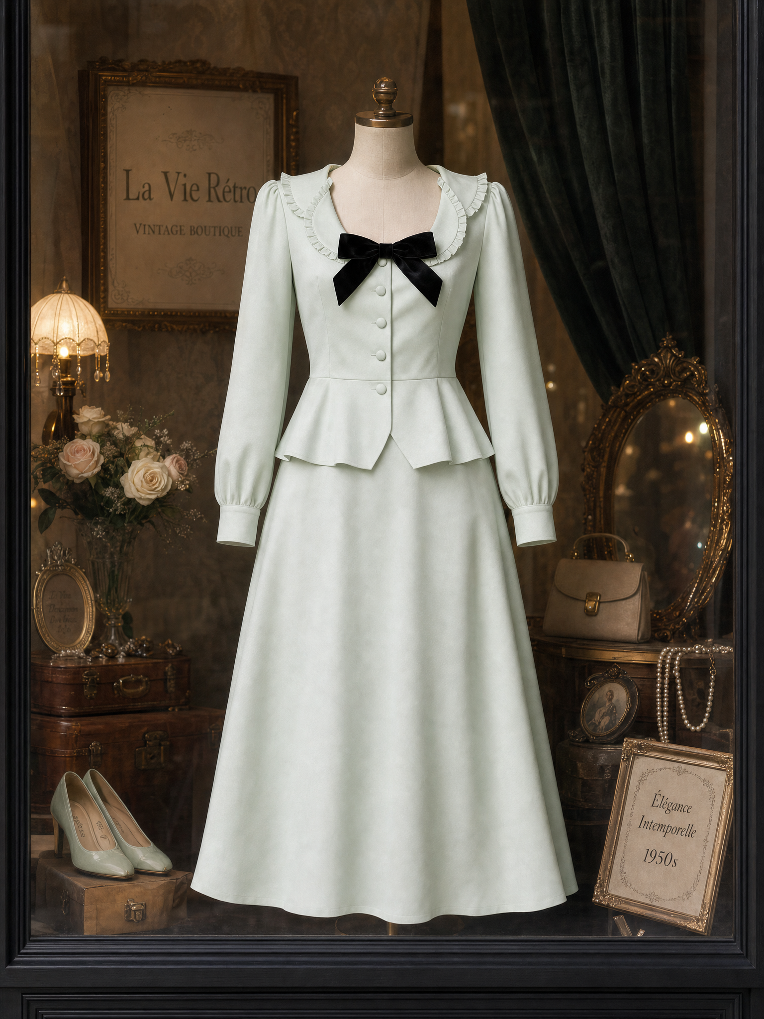 Vintage Lapel Bow Skirt Two Piece Set