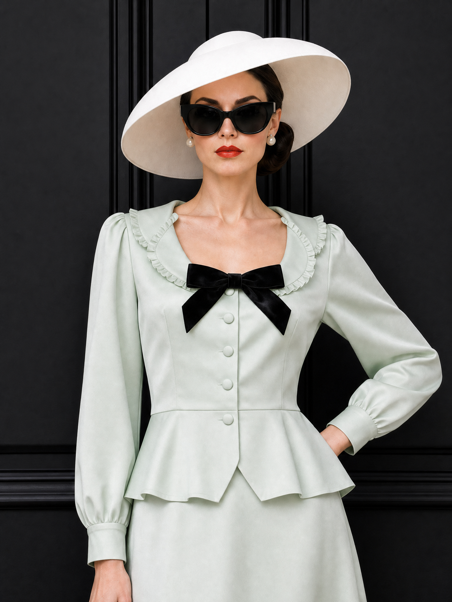 Vintage Lapel Bow Skirt Two Piece Set
