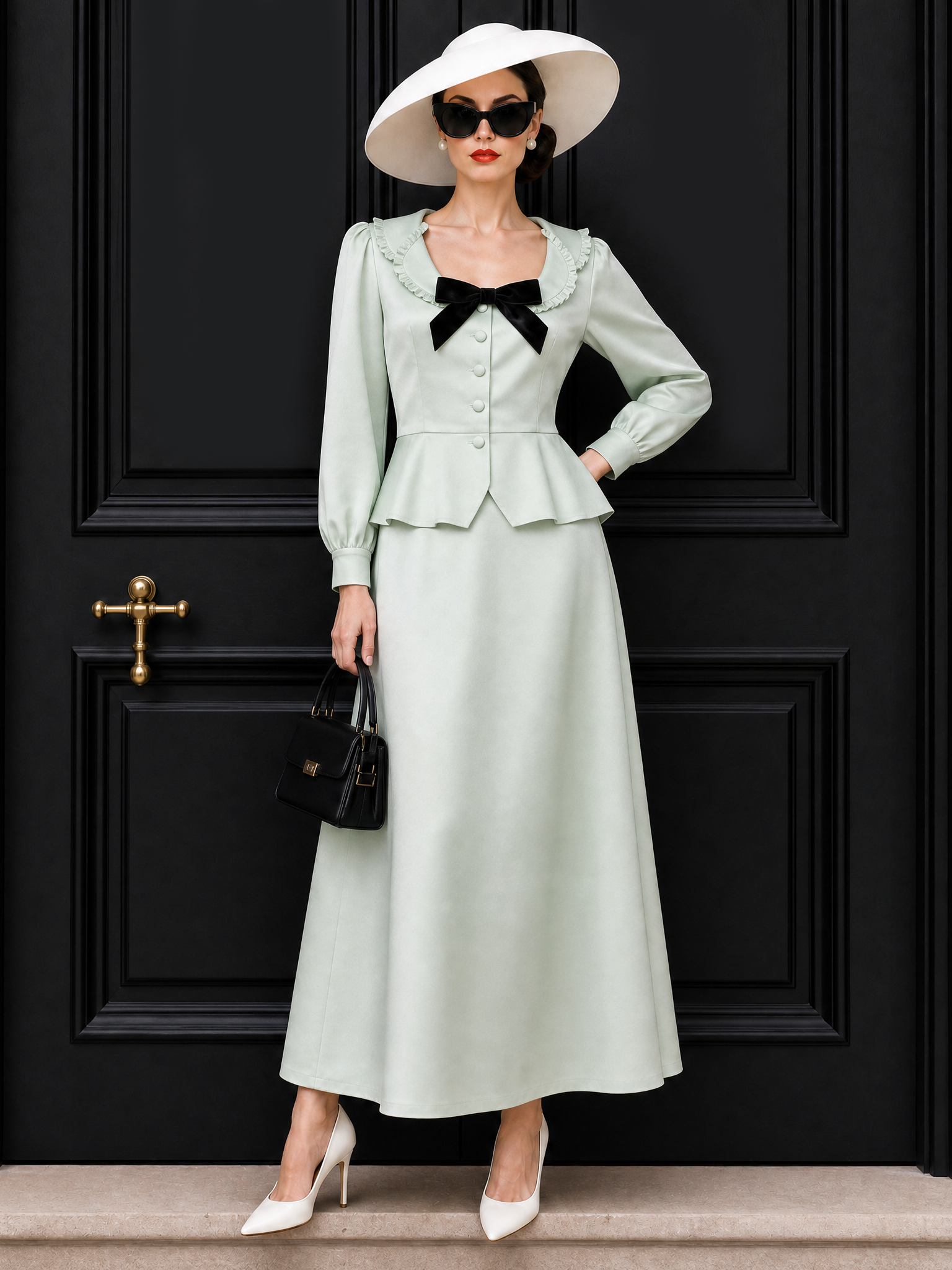 Vintage Lapel Bow Skirt Two Piece Set