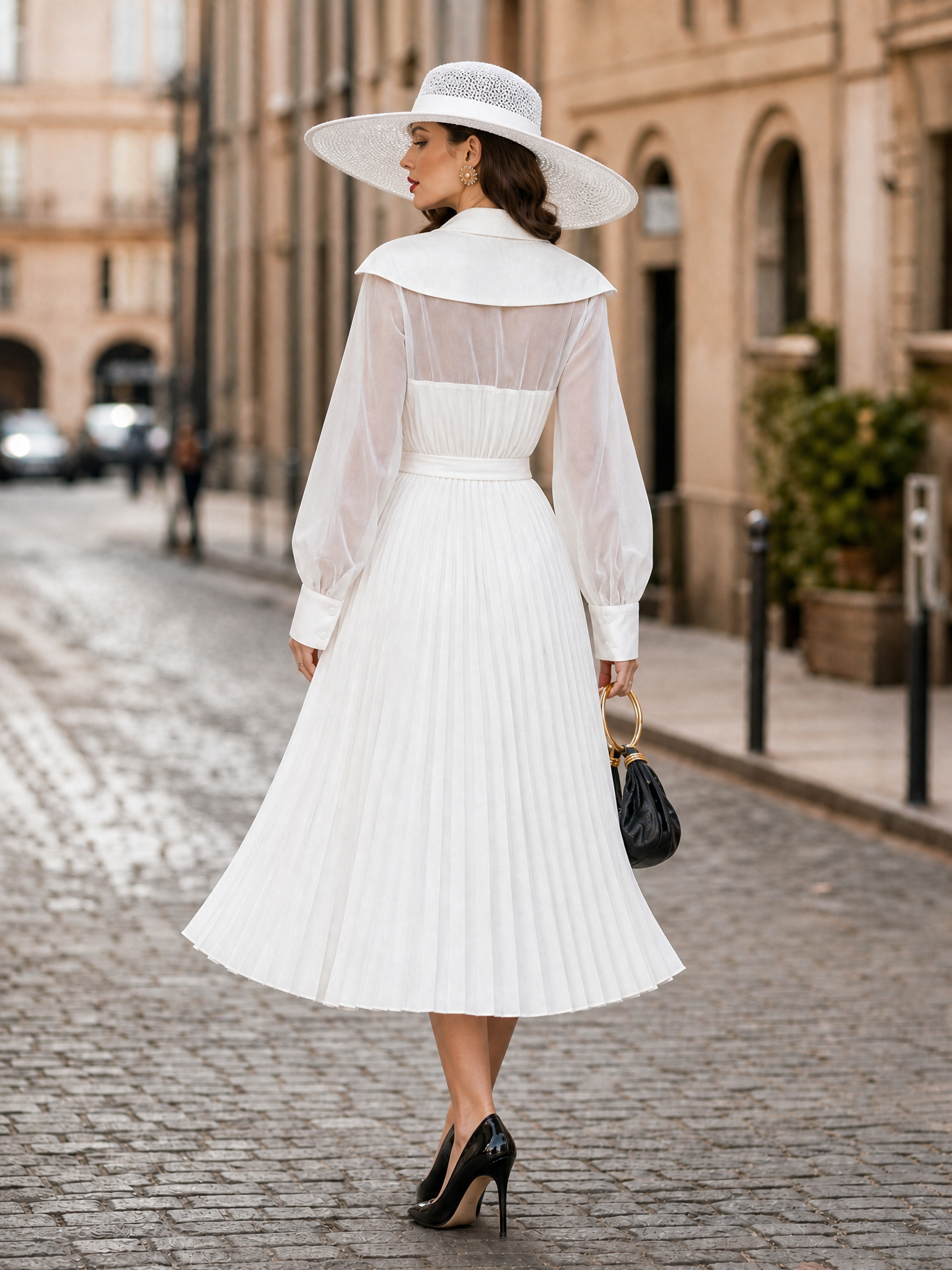 Vintage French White Wrap V-neck Belted Midi Dress