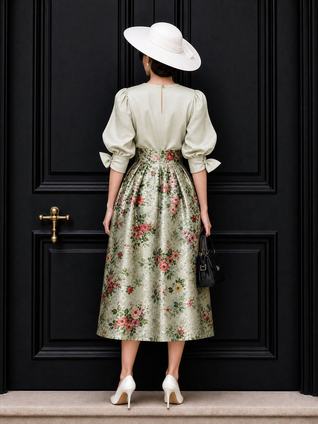 Vintage Pleated Blouse & Floral Print Skirt Two Piece Set