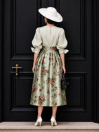 Vintage Pleated Blouse & Floral Print Skirt Two Piece Set