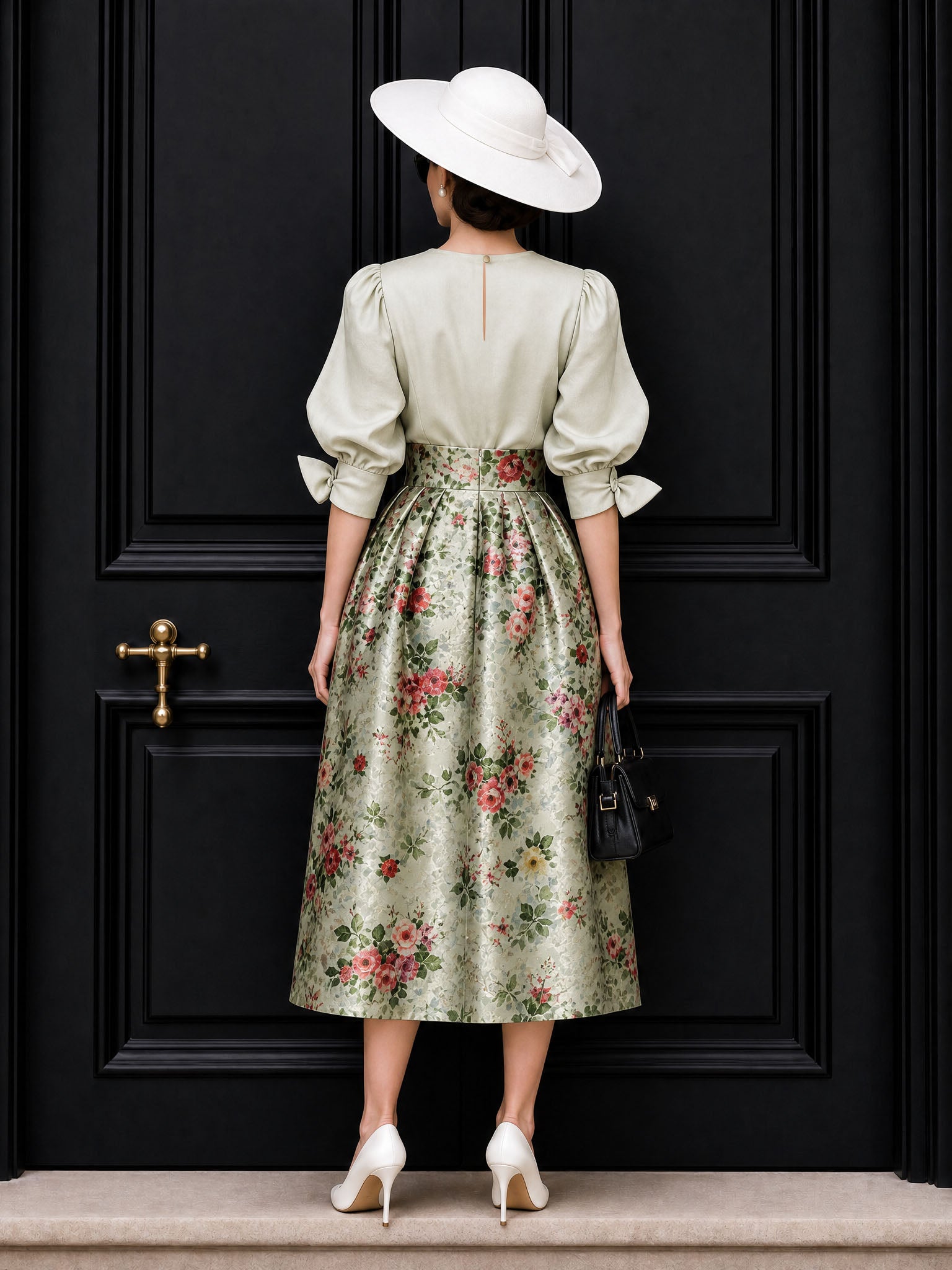 Vintage Pleated Blouse & Floral Print Skirt Two Piece Set