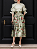 Vintage Pleated Blouse & Floral Print Skirt Two Piece Set