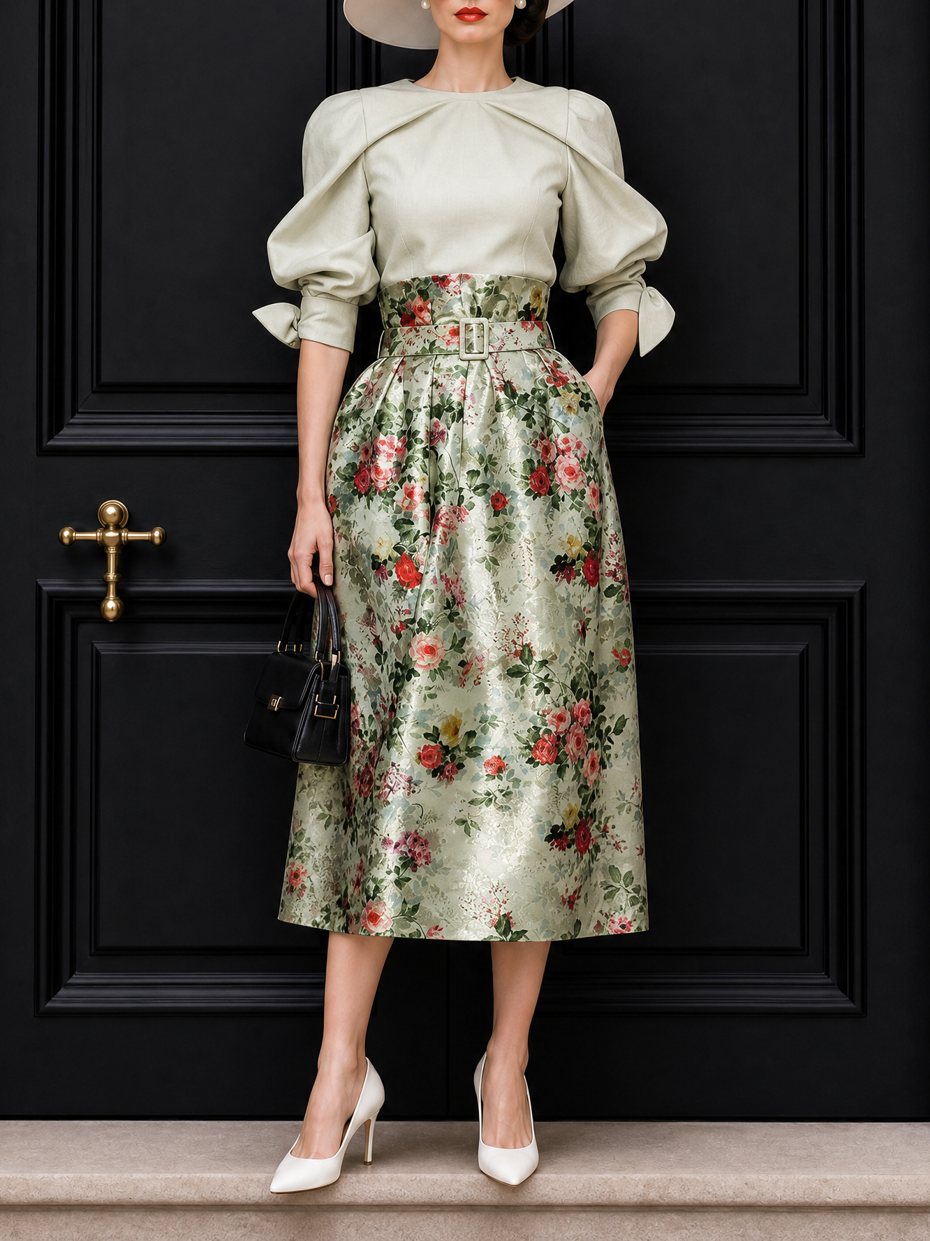 Vintage Pleated Blouse & Floral Print Skirt Two Piece Set