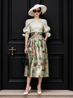 Vintage Pleated Blouse & Floral Print Skirt Two Piece Set