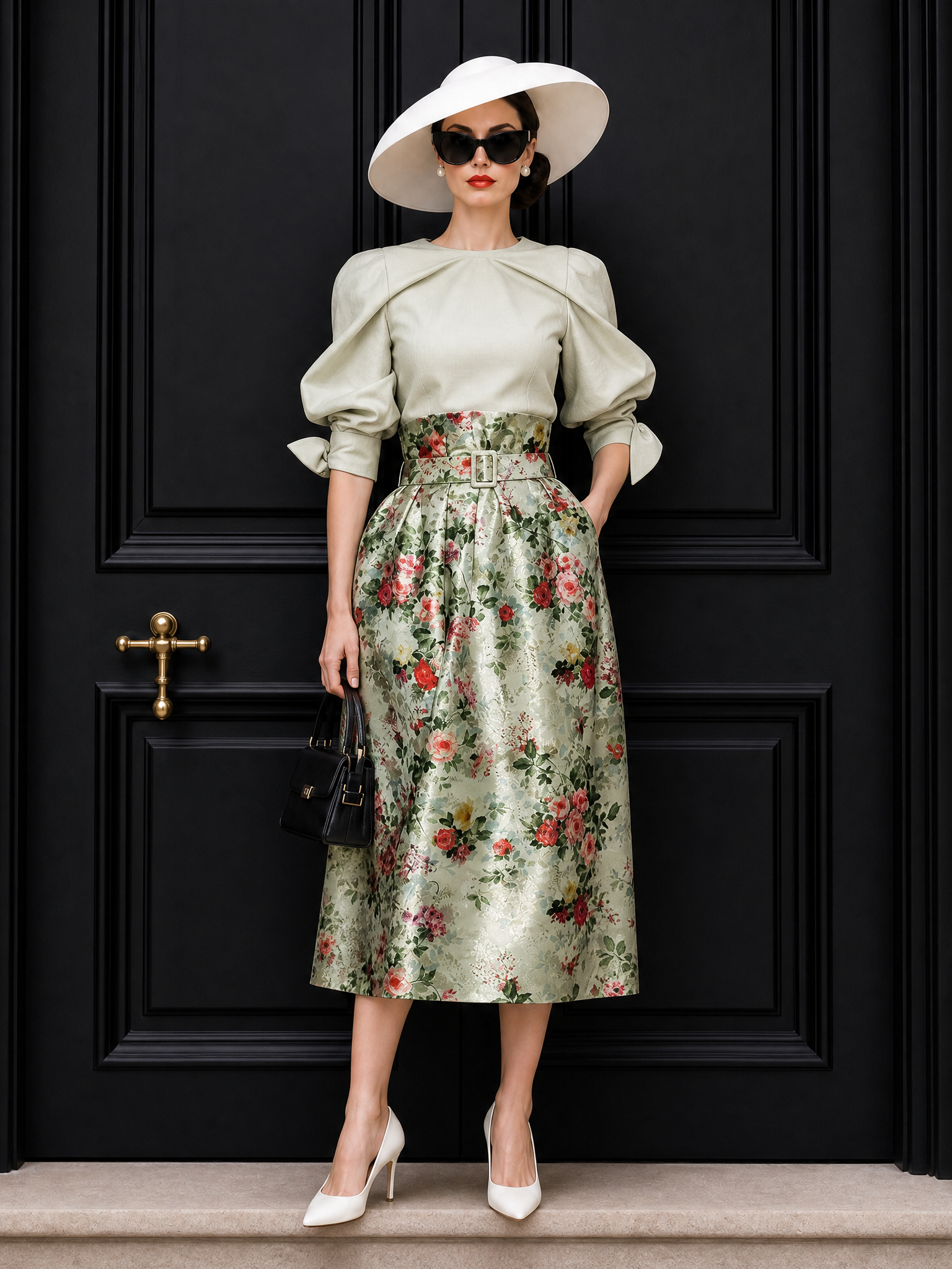 Vintage Pleated Blouse & Floral Print Skirt Two Piece Set
