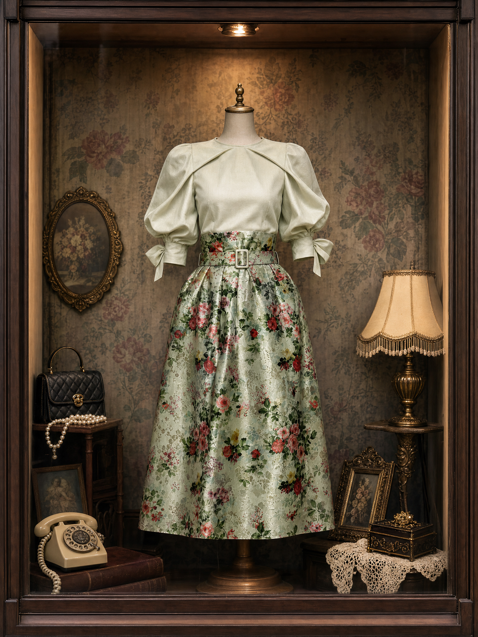 Vintage Pleated Blouse & Floral Print Skirt Two Piece Set