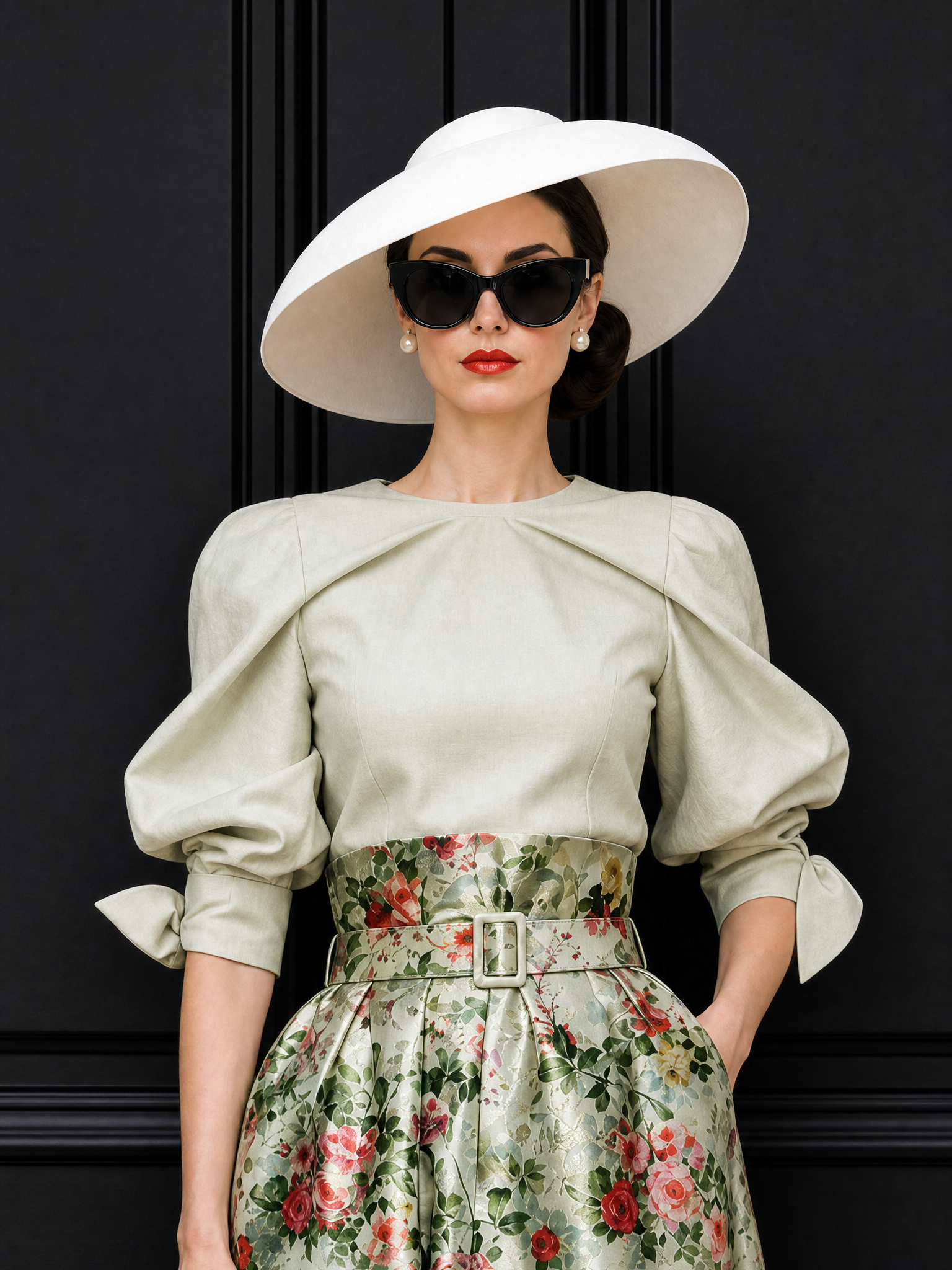 Vintage Pleated Blouse & Floral Print Skirt Two Piece Set