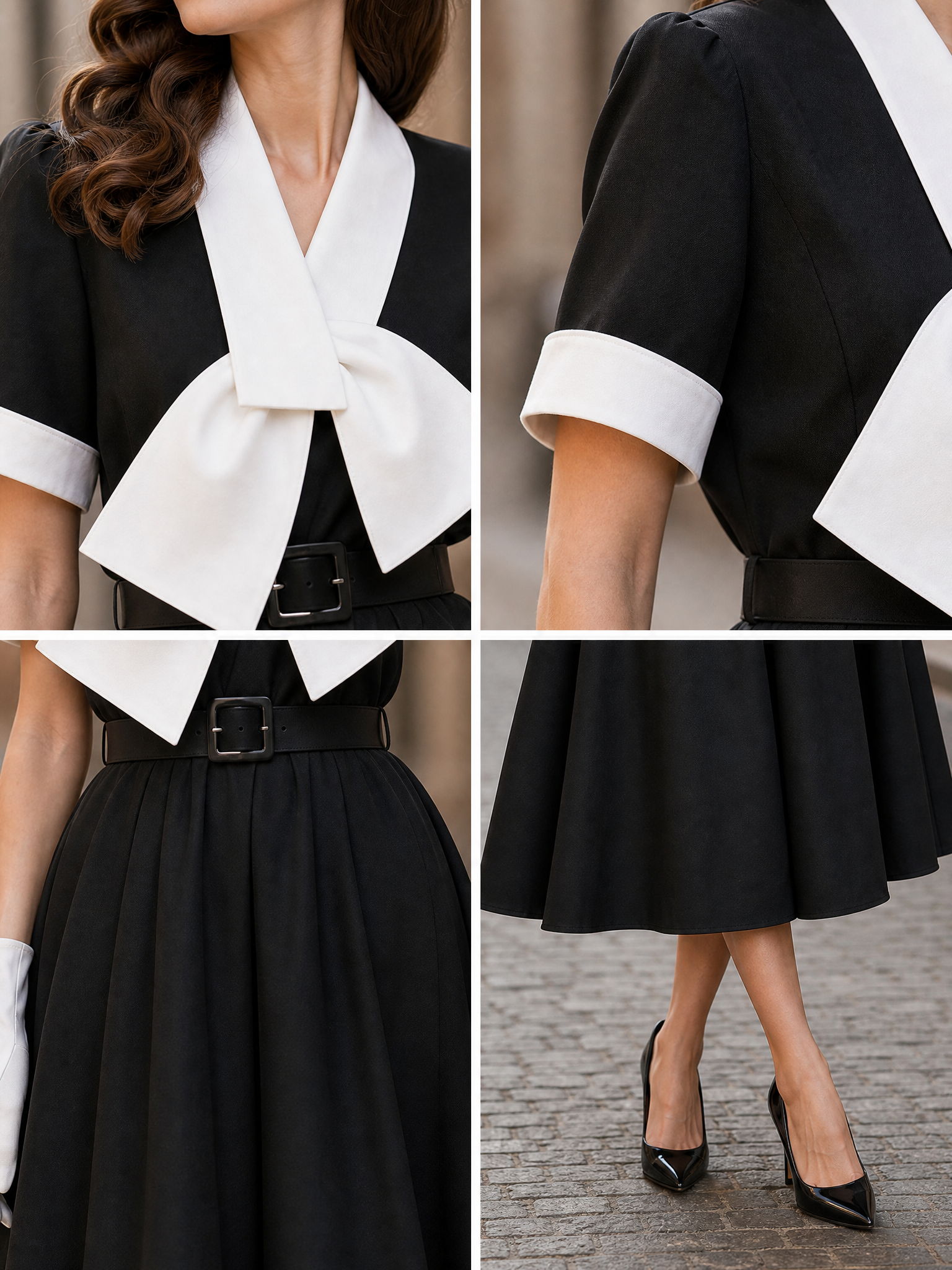 1950s Vintage Black Bow-Neck Belted Midi Dress