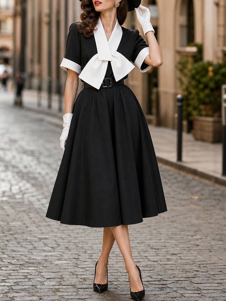 1950s Vintage Black Bow-Neck Belted Midi Dress
