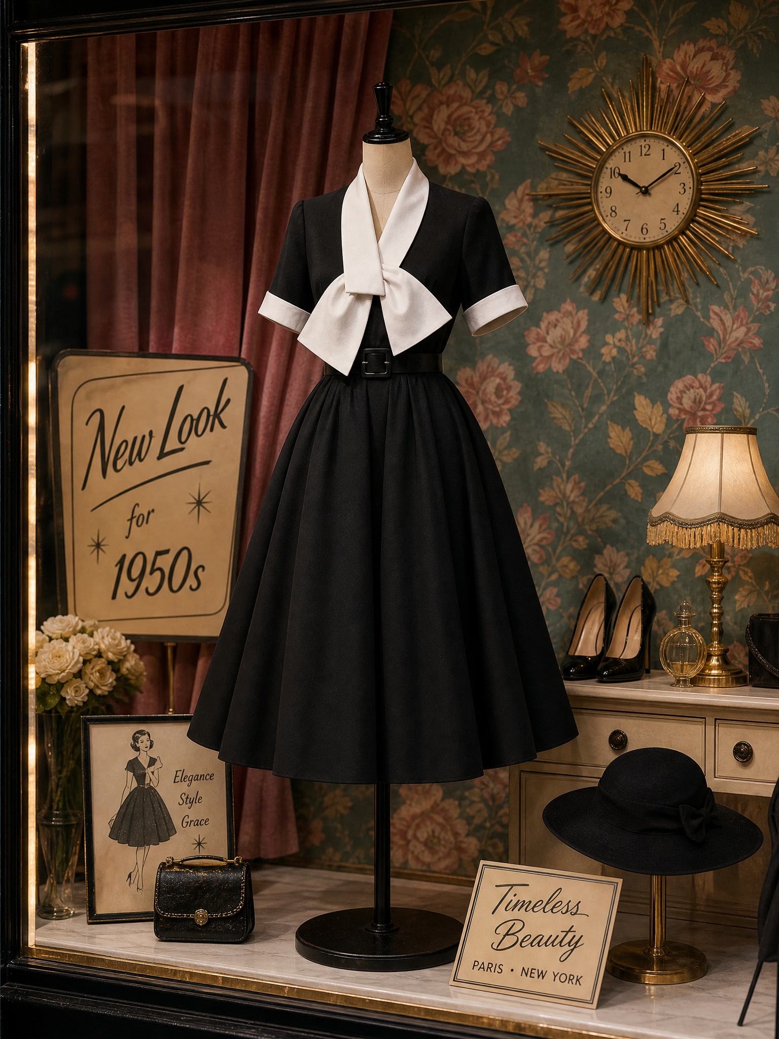1950s Vintage Black Bow-Neck Belted Midi Dress