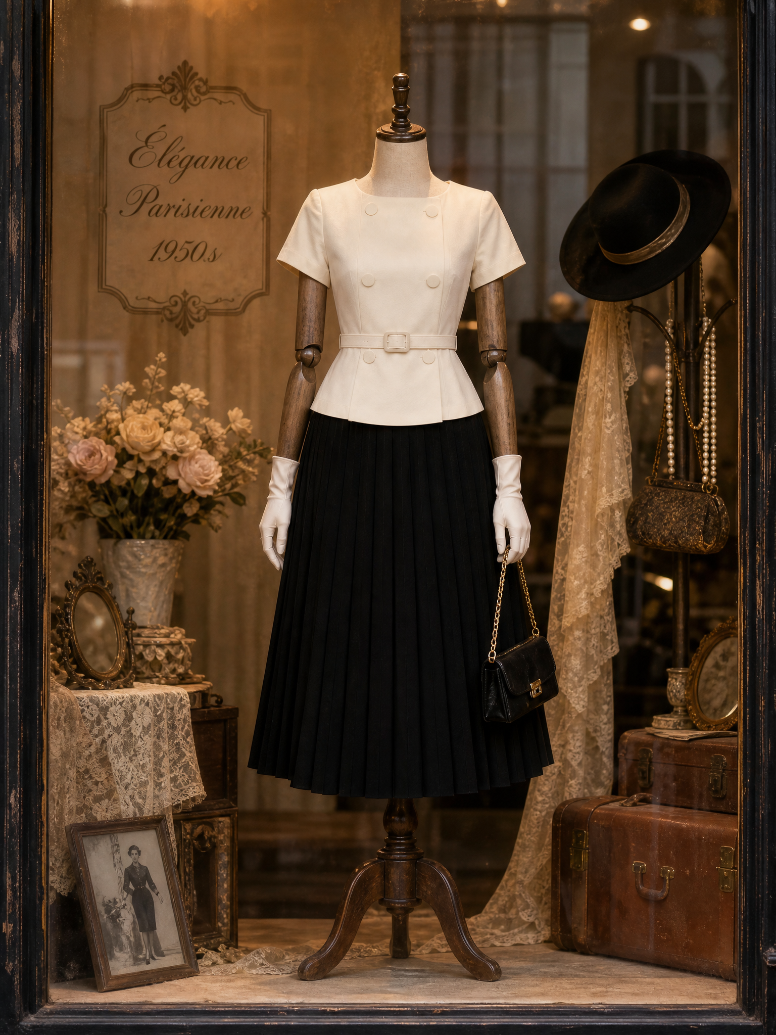Vintage Elegance Belted Top & Black Midi Skirt Two-Piece Set