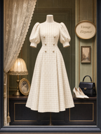 Vintage Puff Sleeve Plaid Midi Dress