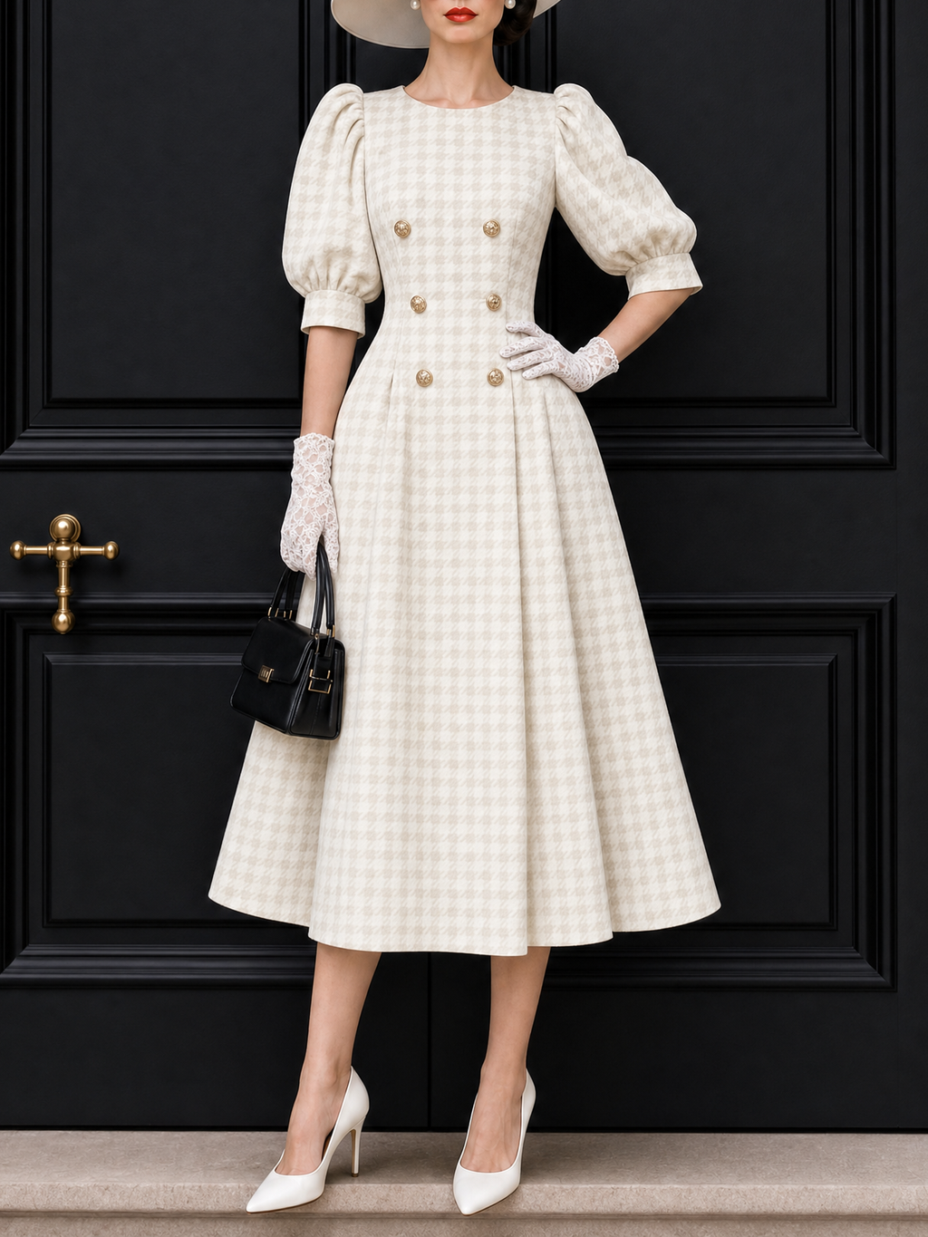 Vintage Puff Sleeve Plaid Midi Dress