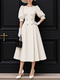 Vintage Puff Sleeve Plaid Midi Dress
