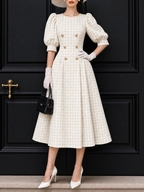 Vintage Puff Sleeve Plaid Midi Dress