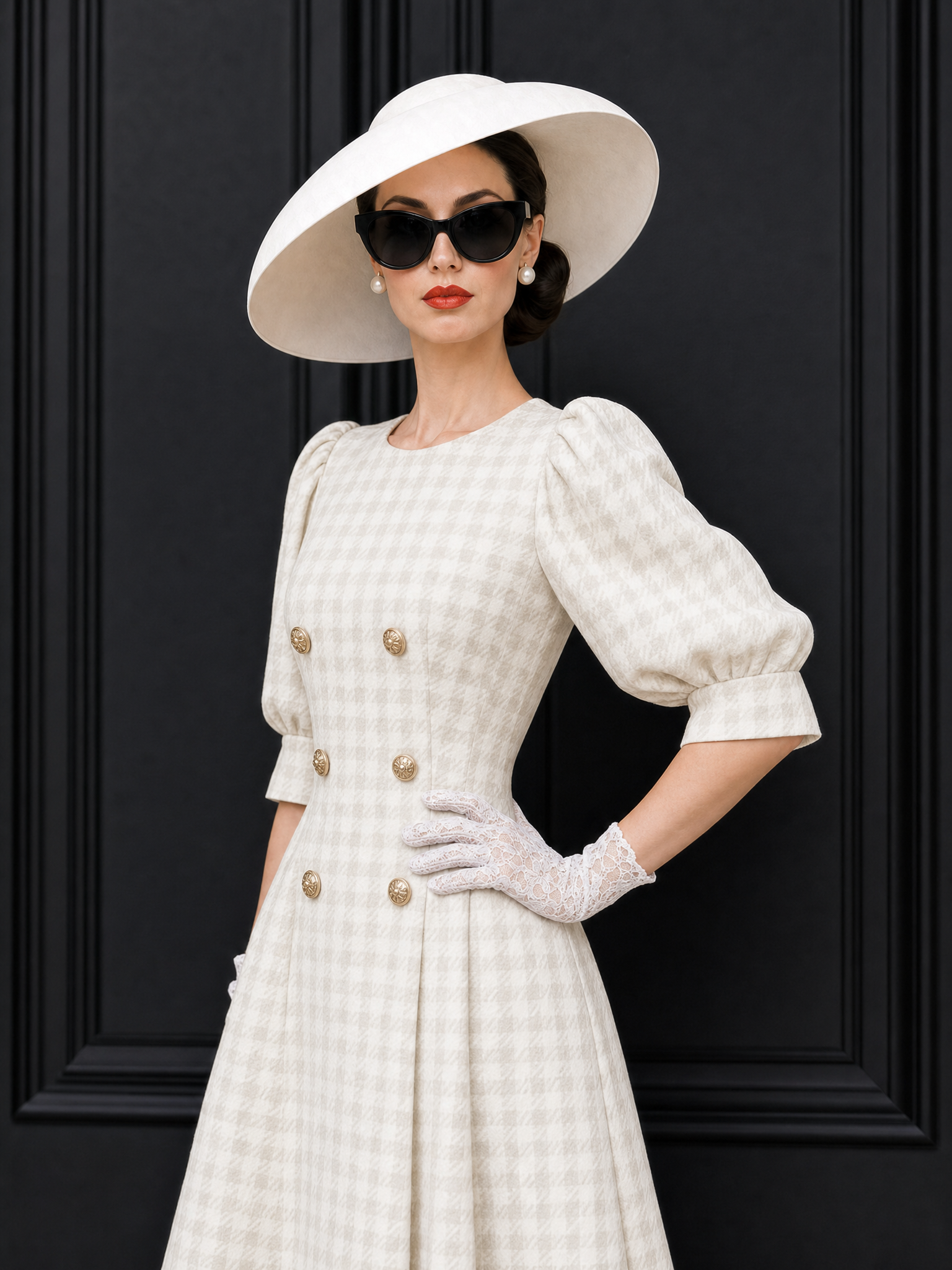 Vintage Puff Sleeve Plaid Midi Dress