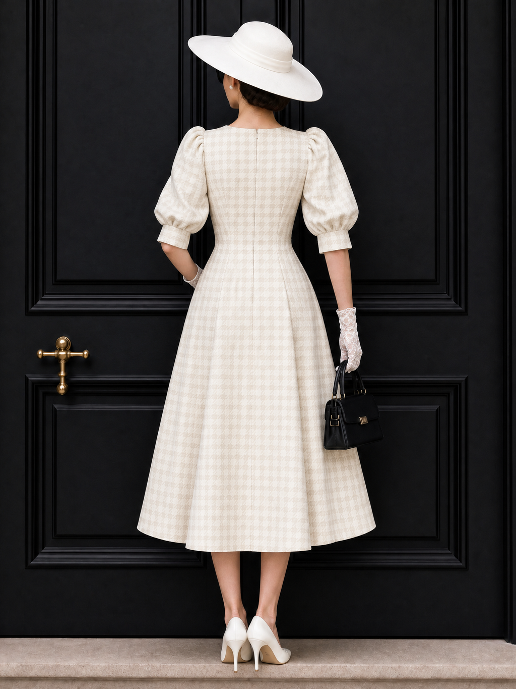Vintage Puff Sleeve Plaid Midi Dress