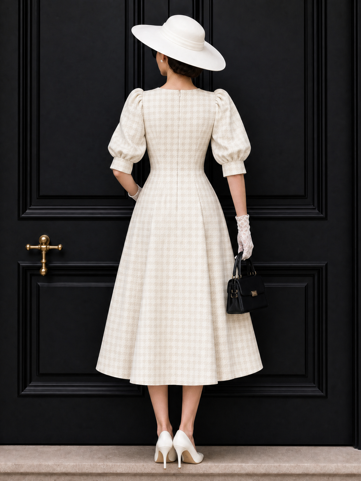 Vintage Puff Sleeve Plaid Midi Dress