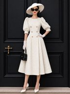 Vintage Puff Sleeve Plaid Midi Dress