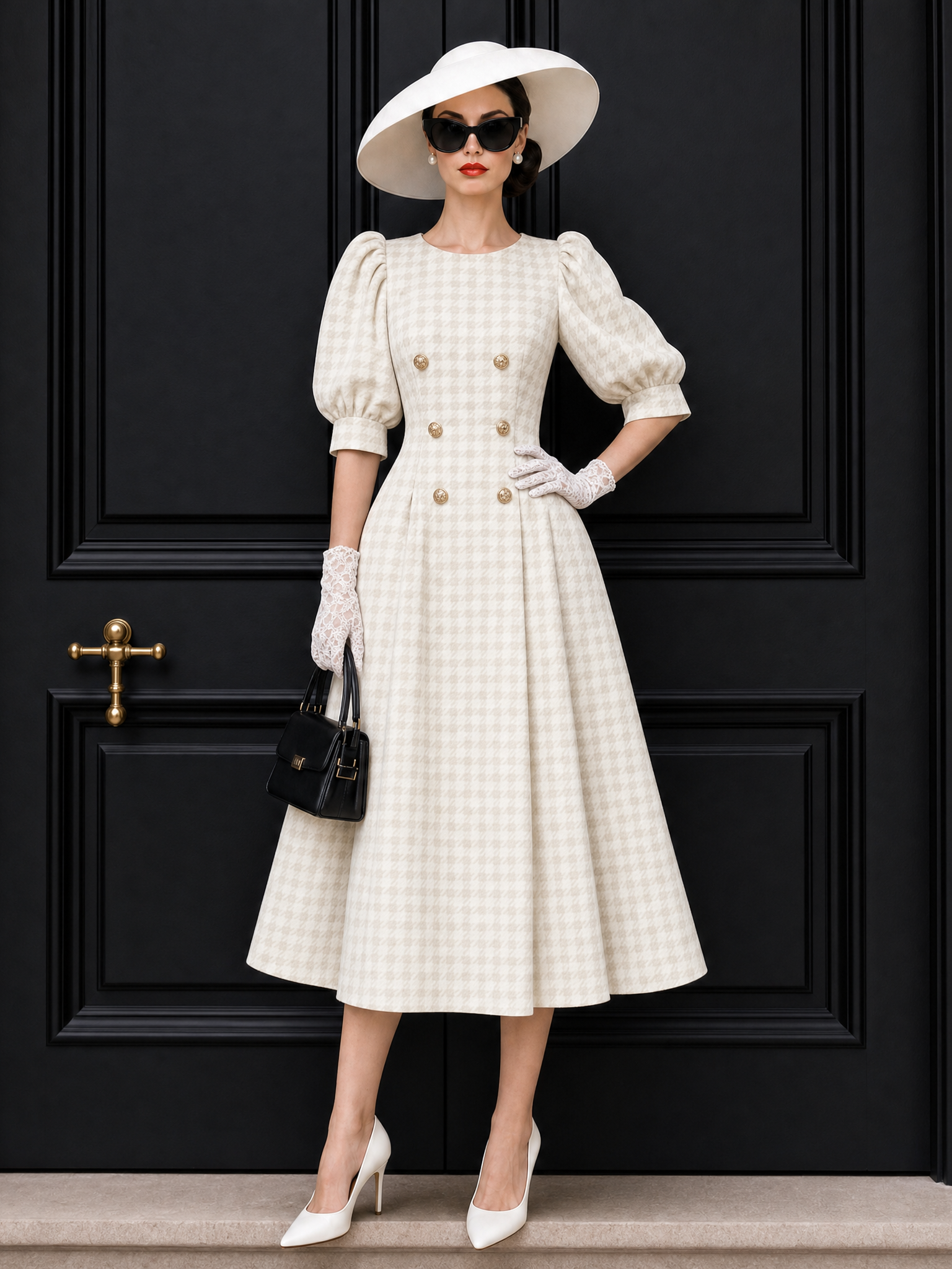 Vintage Puff Sleeve Plaid Midi Dress