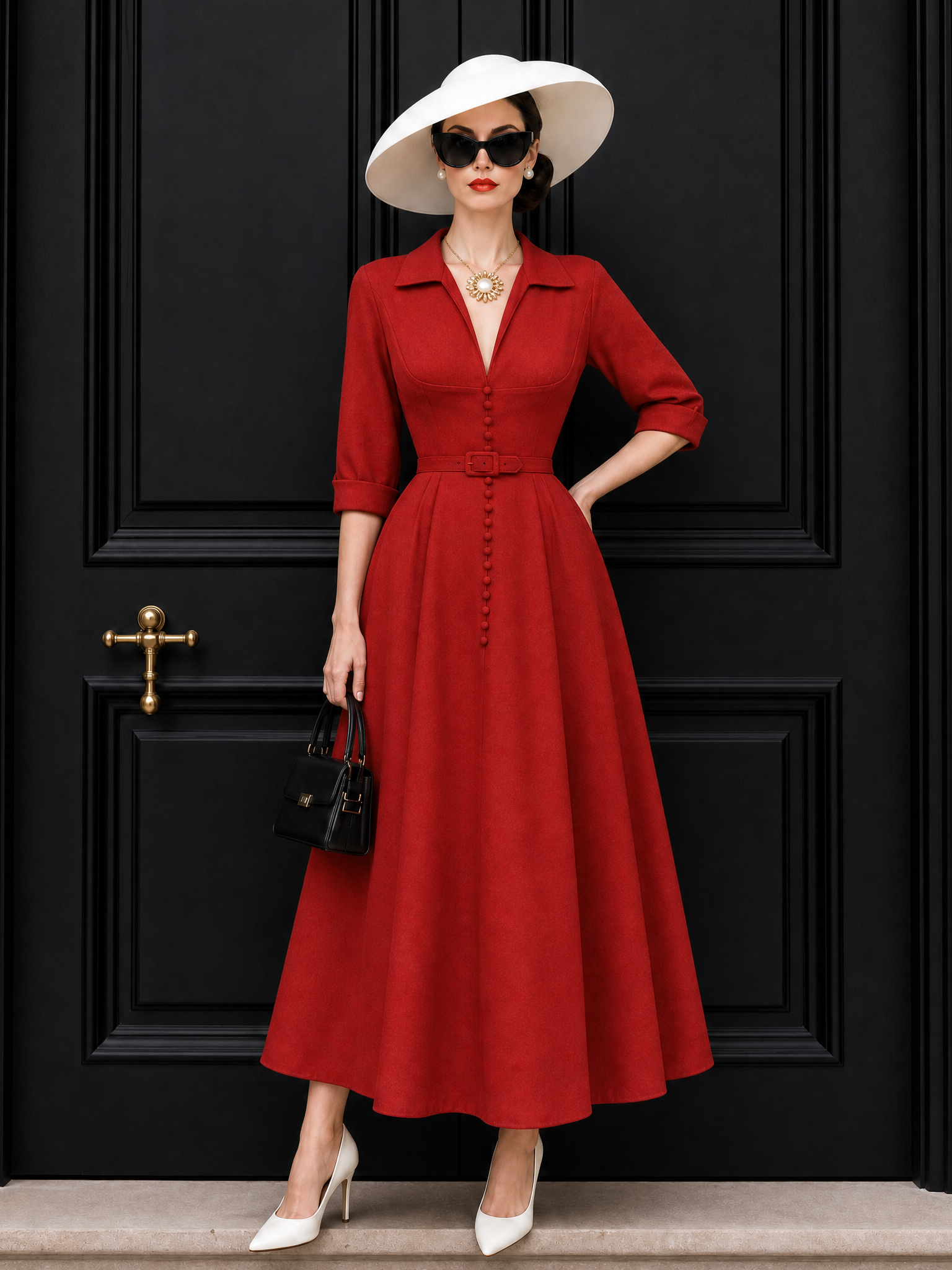 Vintage V Neck Button Decor Swing Maxi Dress