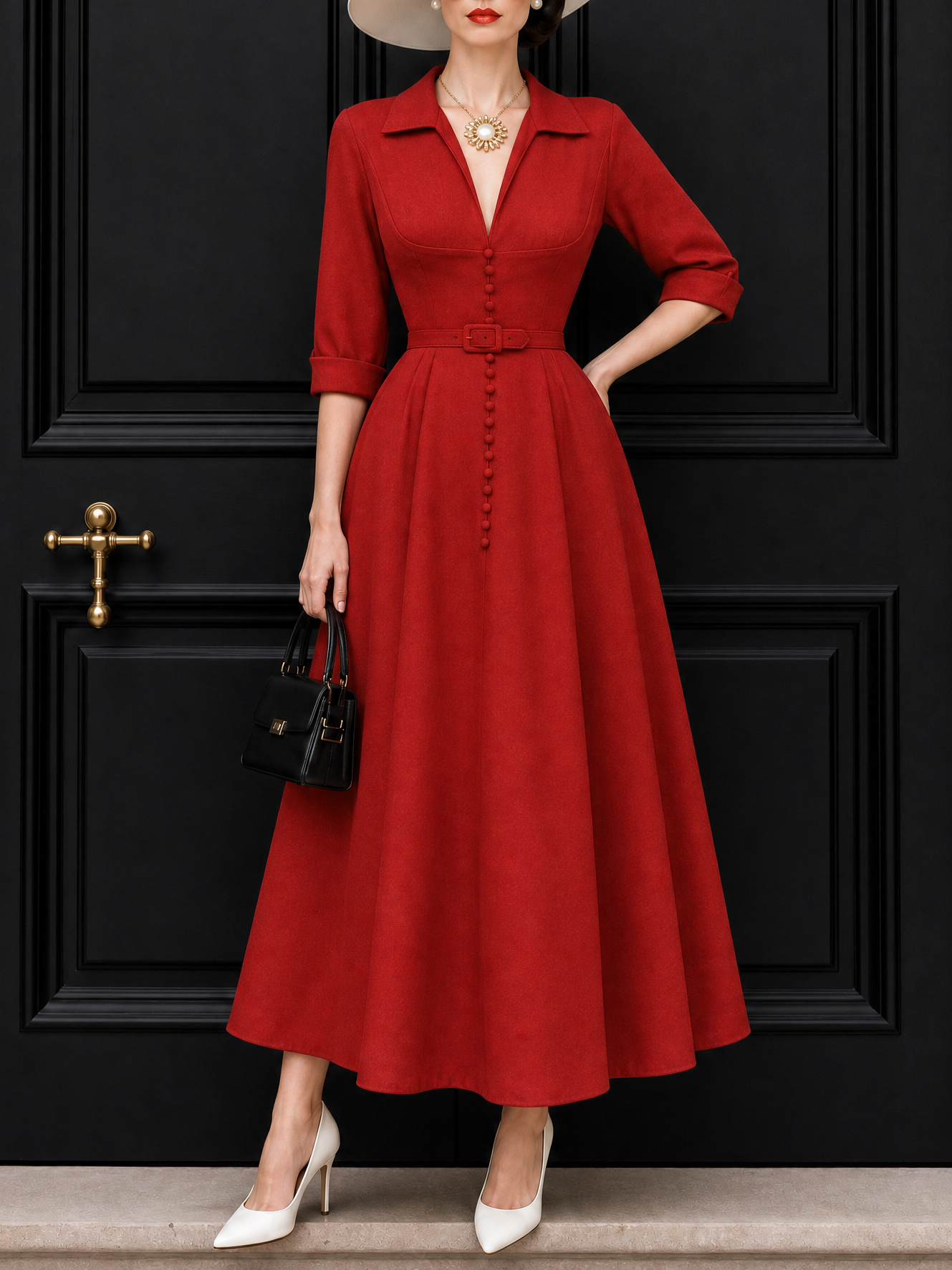 Vintage V Neck Button Decor Swing Maxi Dress